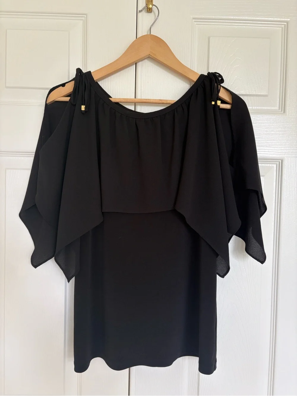 Michael Kors Black Cold-Shoulder Black Ruffle Top with Tie Details